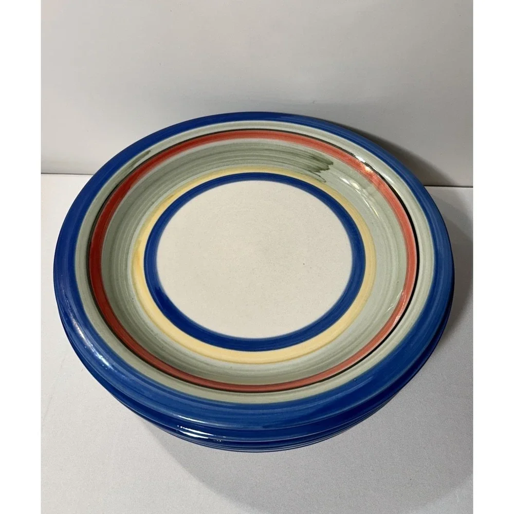 Vtg Gibson Rainbow Striped Hand Painted Rim Ceramic Dinner Plate 10.5in Set Of 6